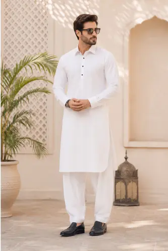 Premium White Men Shalwar Kameez with Collar & Cuff